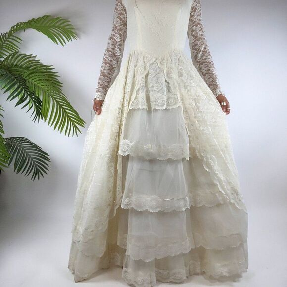 Vintage 50s Cream CottagecoreāFloral Lace Chantilly Maxi Tier Prom Dress / Sz: S - Picture 6 of 10